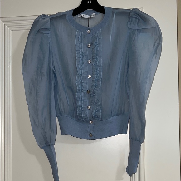 Zara Tops - Zara blue ruffled top with jeweled buttons. NWT.
